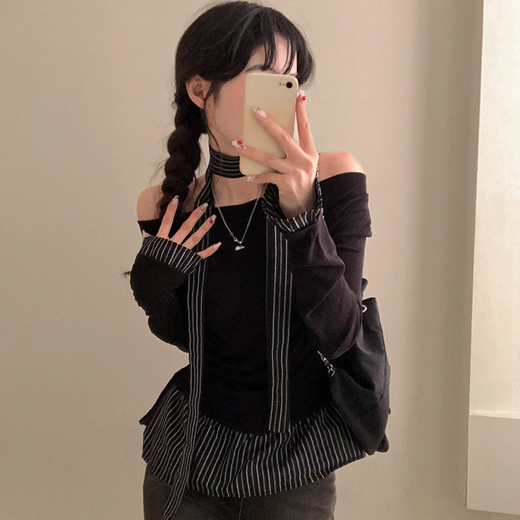 휘핑 머플러 스트라이프 셔츠 레이어드 타이 니트 블랙