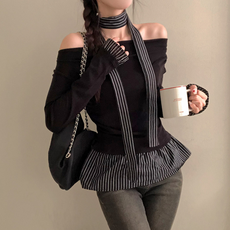 휘핑 머플러 스트라이프 셔츠 레이어드 타이 니트 블랙