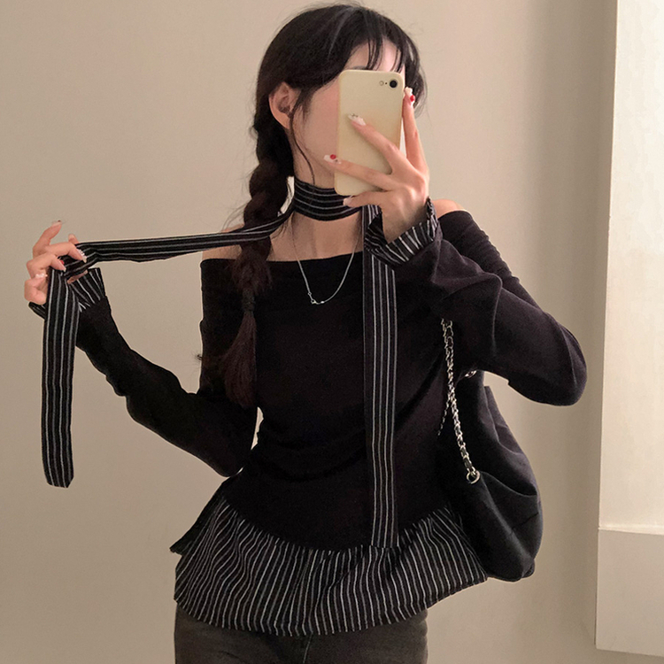 휘핑 머플러 스트라이프 셔츠 레이어드 타이 니트 블랙