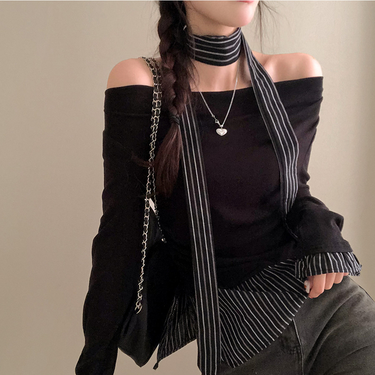 휘핑 머플러 스트라이프 셔츠 레이어드 타이 니트 블랙