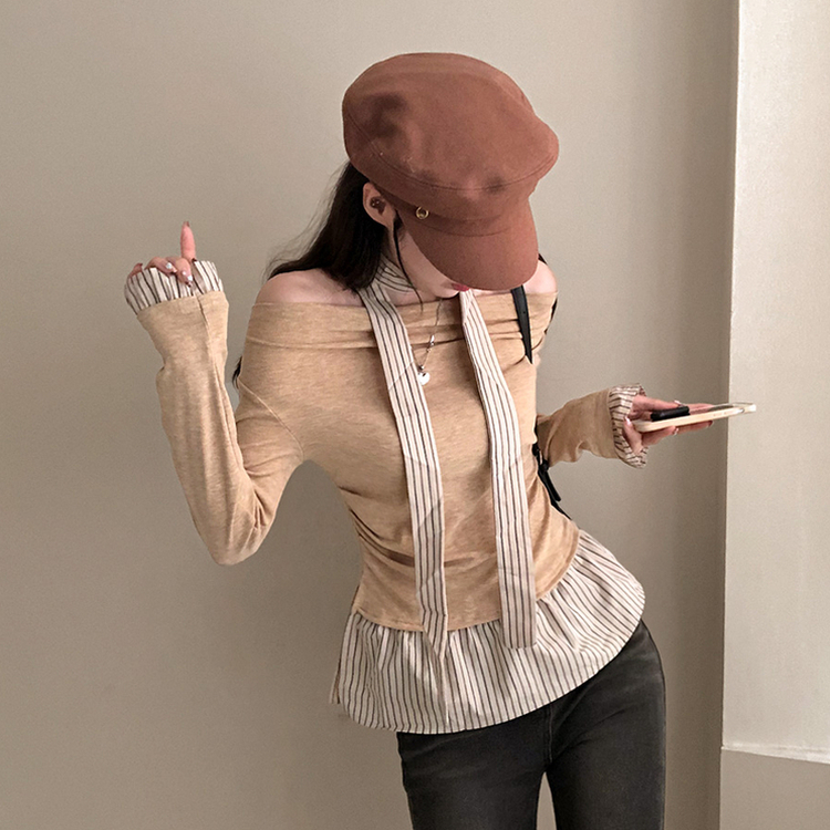 휘핑 머플러 스트라이프 셔츠 레이어드 타이 니트 베이지
