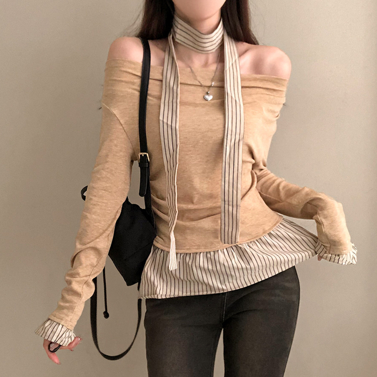 휘핑 머플러 스트라이프 셔츠 레이어드 타이 니트 베이지