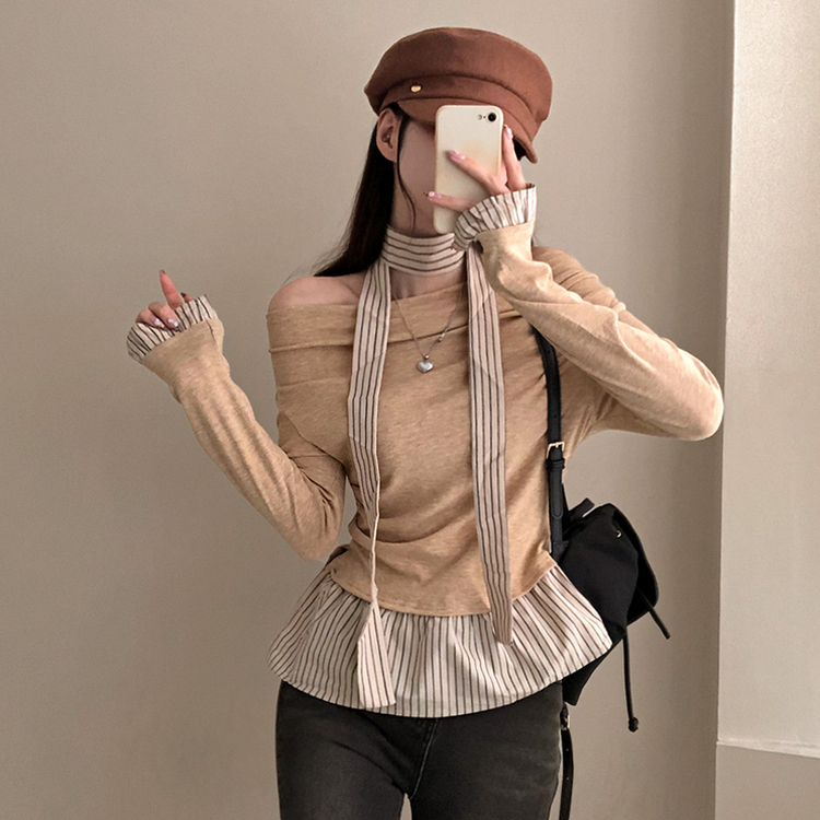 휘핑 머플러 스트라이프 셔츠 레이어드 타이 니트 베이지