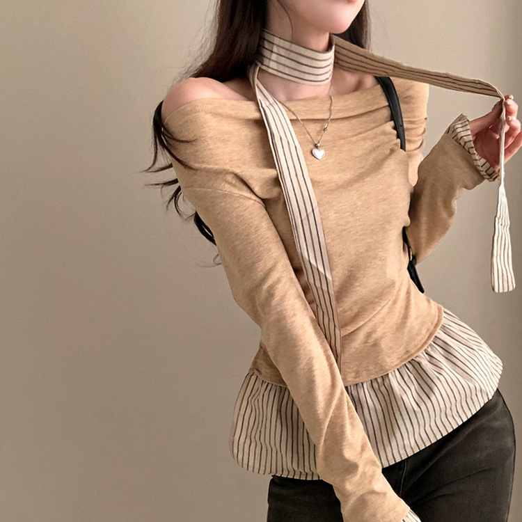 휘핑 머플러 스트라이프 셔츠 레이어드 타이 니트 베이지