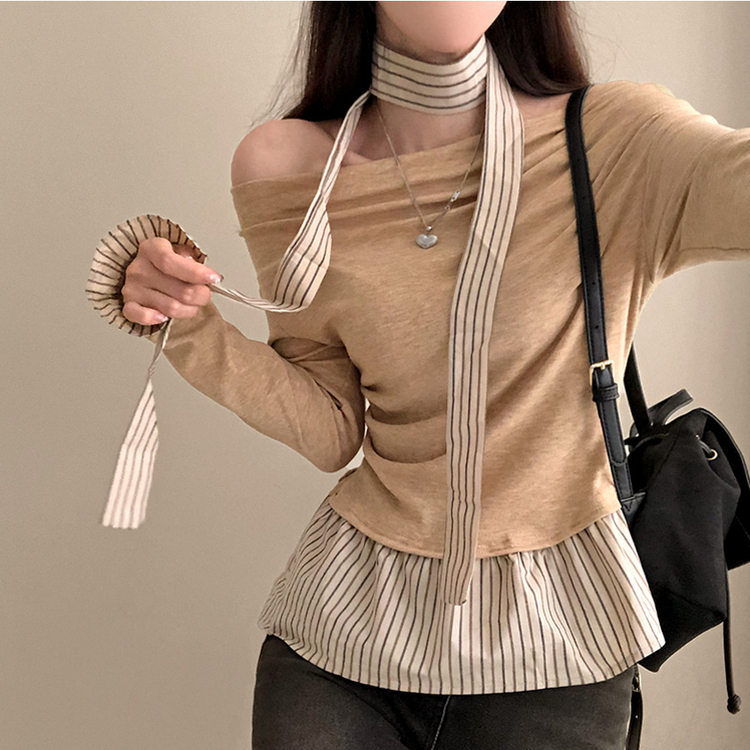 휘핑 머플러 스트라이프 셔츠 레이어드 타이 니트 베이지