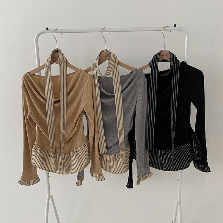 휘핑 머플러 스트라이프 셔츠 레이어드 타이 니트