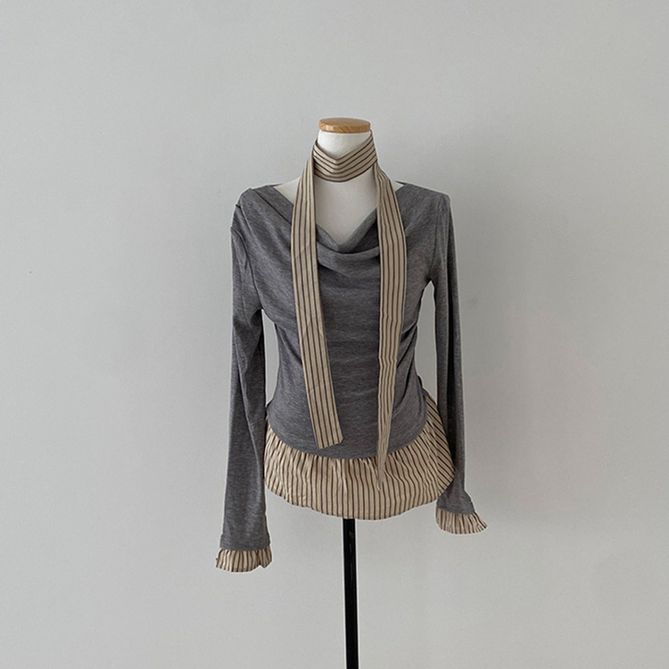 휘핑 머플러 스트라이프 셔츠 레이어드 타이 니트