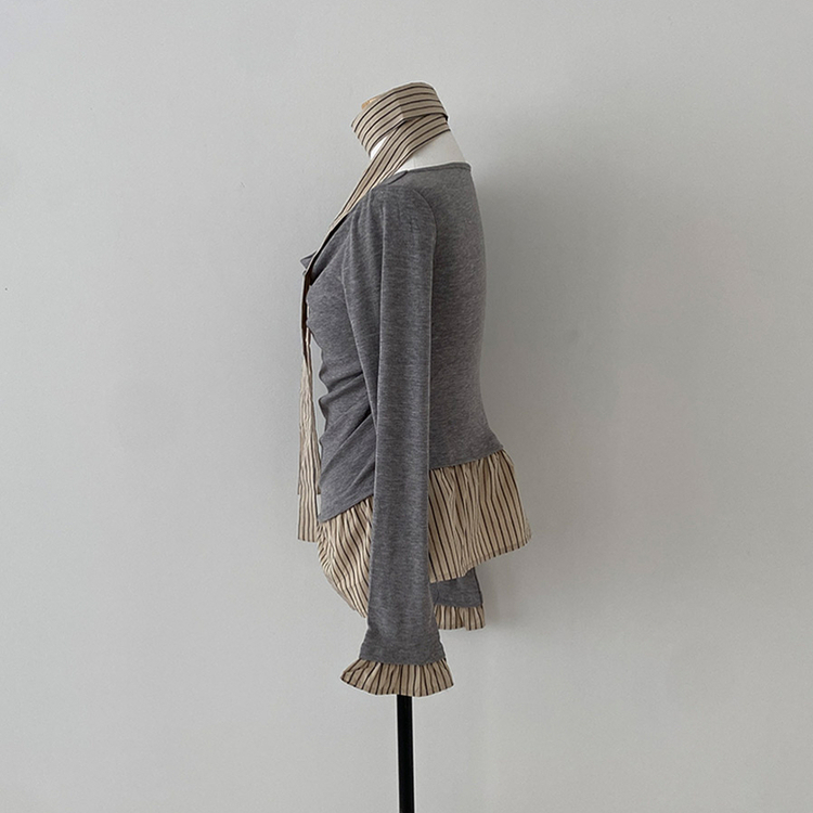 휘핑 머플러 스트라이프 셔츠 레이어드 타이 니트