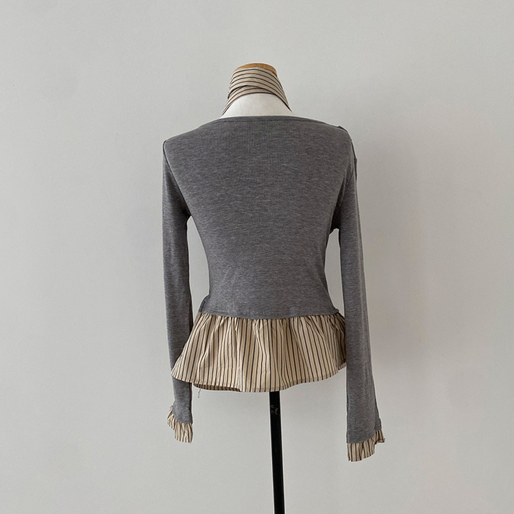 휘핑 머플러 스트라이프 셔츠 레이어드 타이 니트