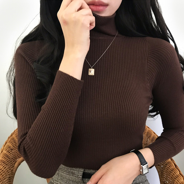 페니 쫀쫀한 목 폴라 골지 니트 브라운