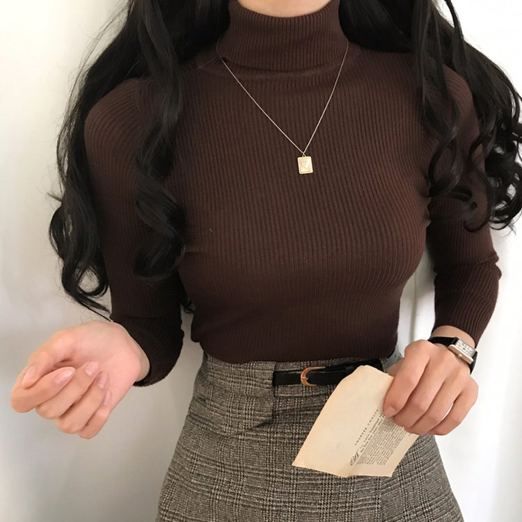 페니 쫀쫀한 목 폴라 골지 니트 브라운
