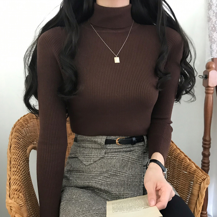 페니 쫀쫀한 목 폴라 골지 니트 브라운