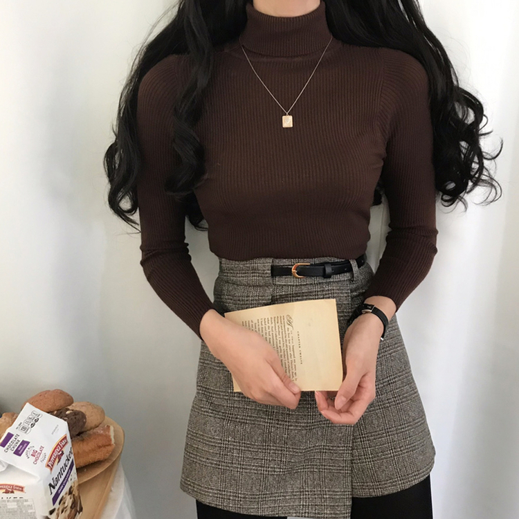 페니 쫀쫀한 목 폴라 골지 니트 브라운