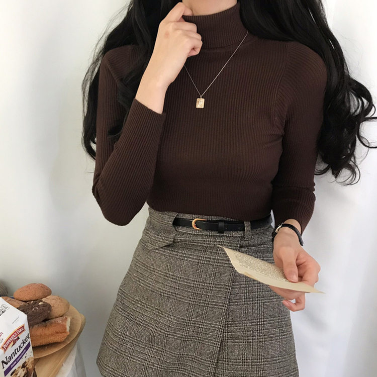 페니 쫀쫀한 목 폴라 골지 니트 브라운