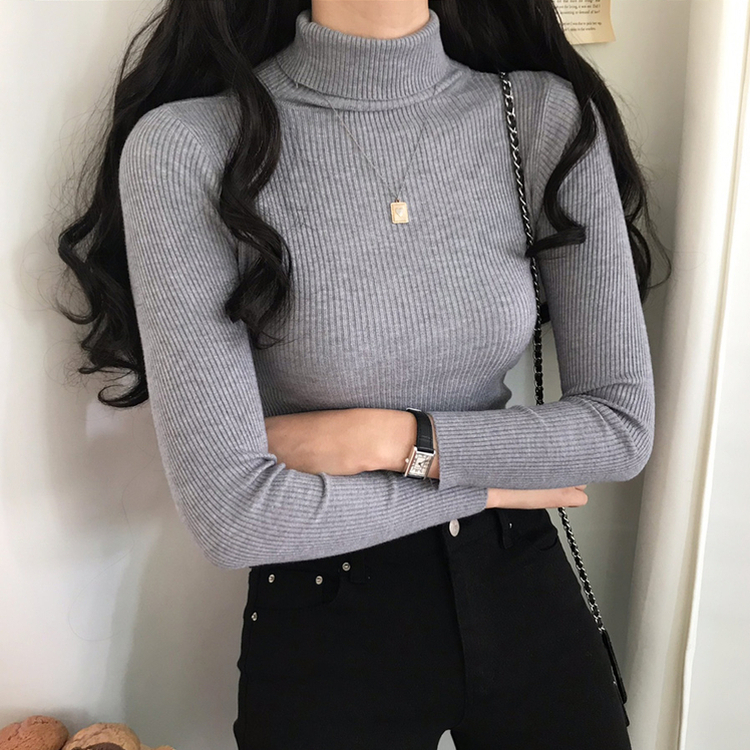 페니 쫀쫀한 목 폴라 골지 니트 그레이