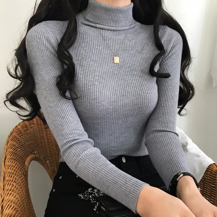 페니 쫀쫀한 목 폴라 골지 니트 그레이