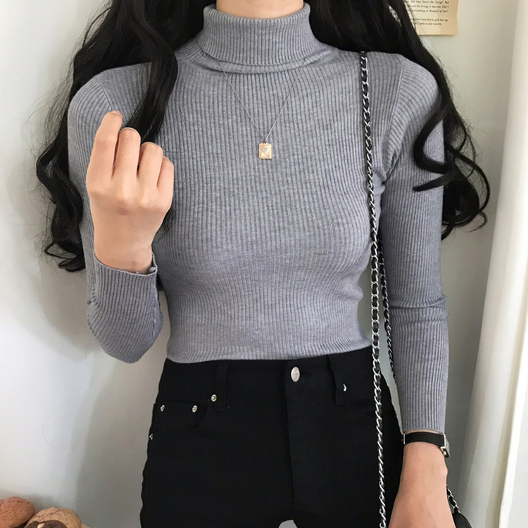 페니 쫀쫀한 목 폴라 골지 니트 그레이