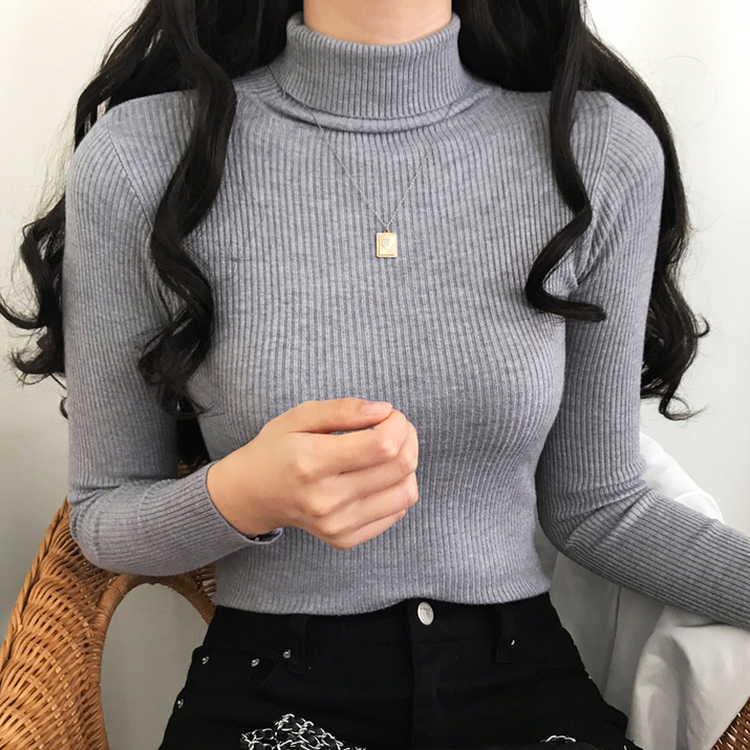 페니 쫀쫀한 목 폴라 골지 니트 그레이