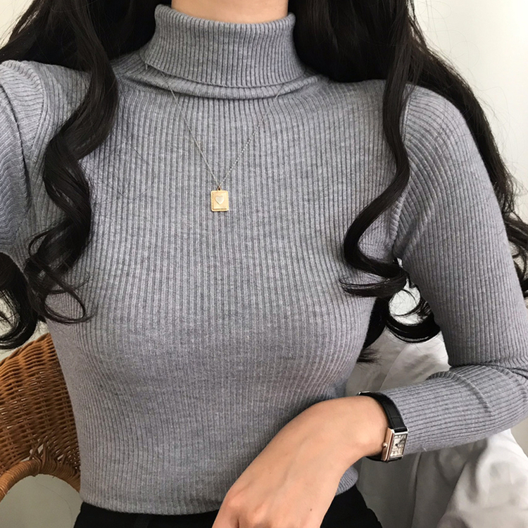 페니 쫀쫀한 목 폴라 골지 니트 그레이