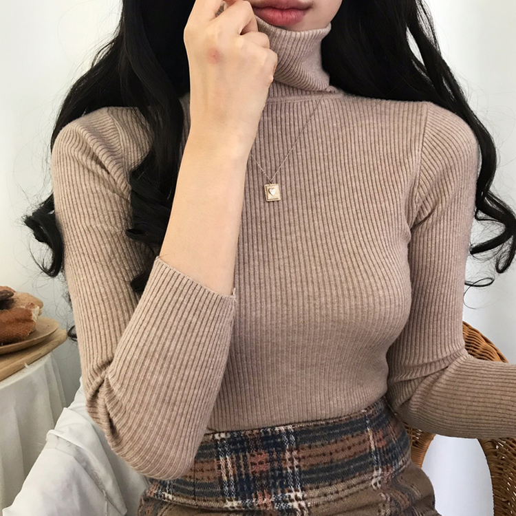 페니 쫀쫀한 목 폴라 골지 니트 베이지