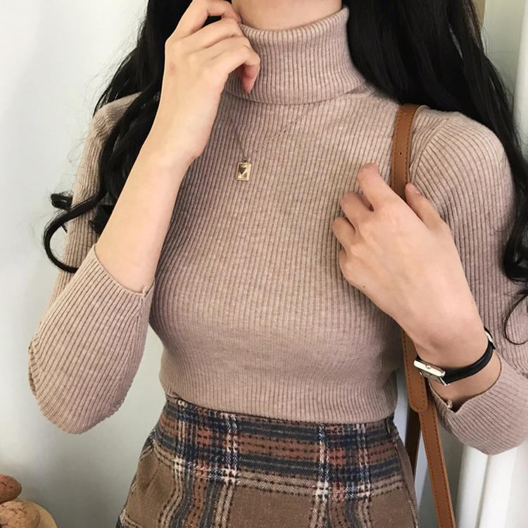 페니 쫀쫀한 목 폴라 골지 니트 베이지