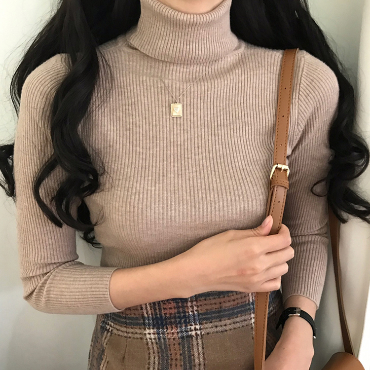 페니 쫀쫀한 목 폴라 골지 니트 베이지