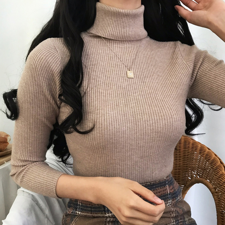 페니 쫀쫀한 목 폴라 골지 니트 베이지