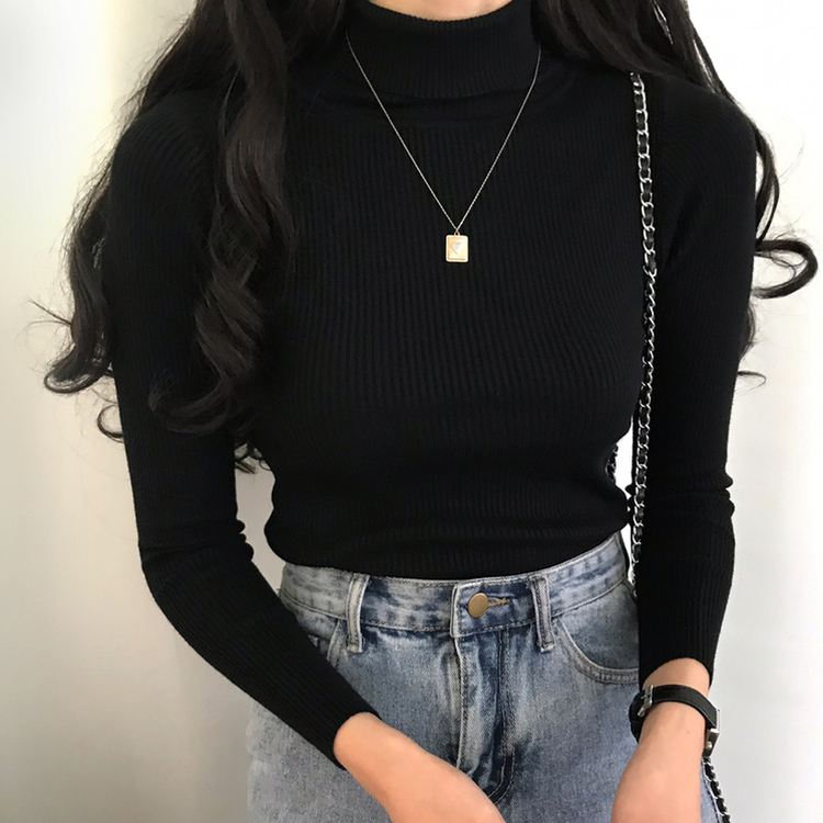 페니 쫀쫀한 목 폴라 골지 니트 블랙
