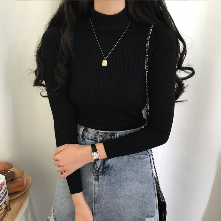 페니 쫀쫀한 목 폴라 골지 니트 블랙