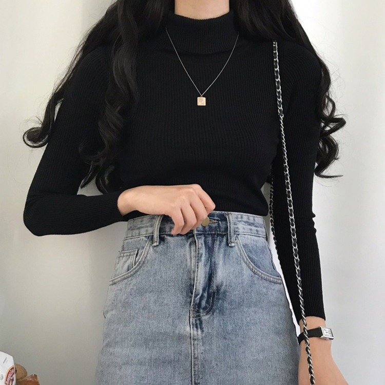 페니 쫀쫀한 목 폴라 골지 니트 블랙