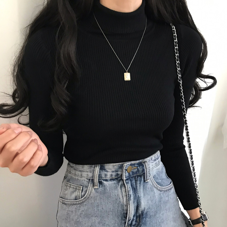 페니 쫀쫀한 목 폴라 골지 니트 블랙