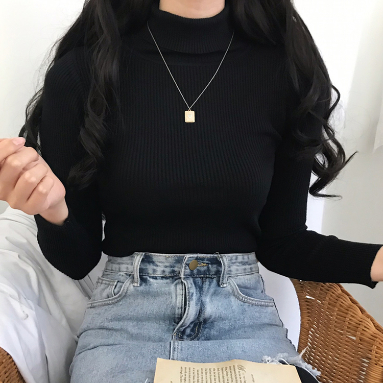 페니 쫀쫀한 목 폴라 골지 니트 블랙