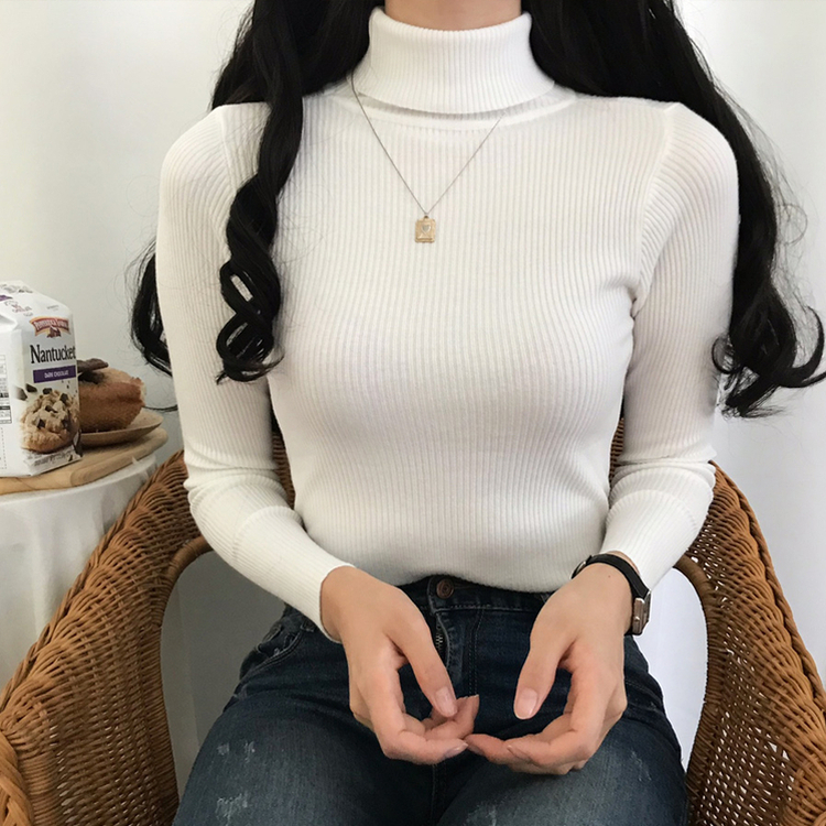 페니 쫀쫀한 목 폴라 골지 니트 화이트