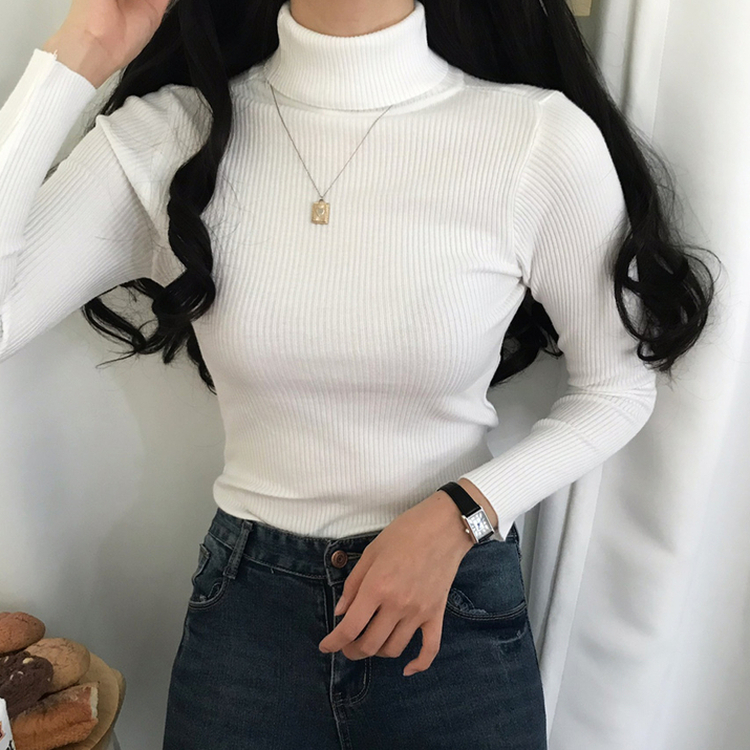 페니 쫀쫀한 목 폴라 골지 니트 화이트