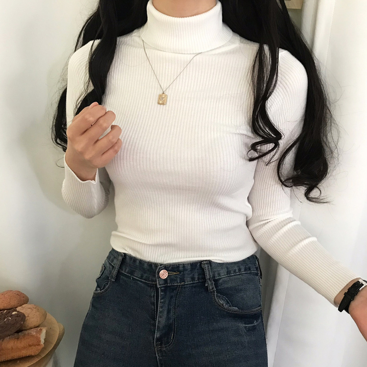 페니 쫀쫀한 목 폴라 골지 니트 화이트