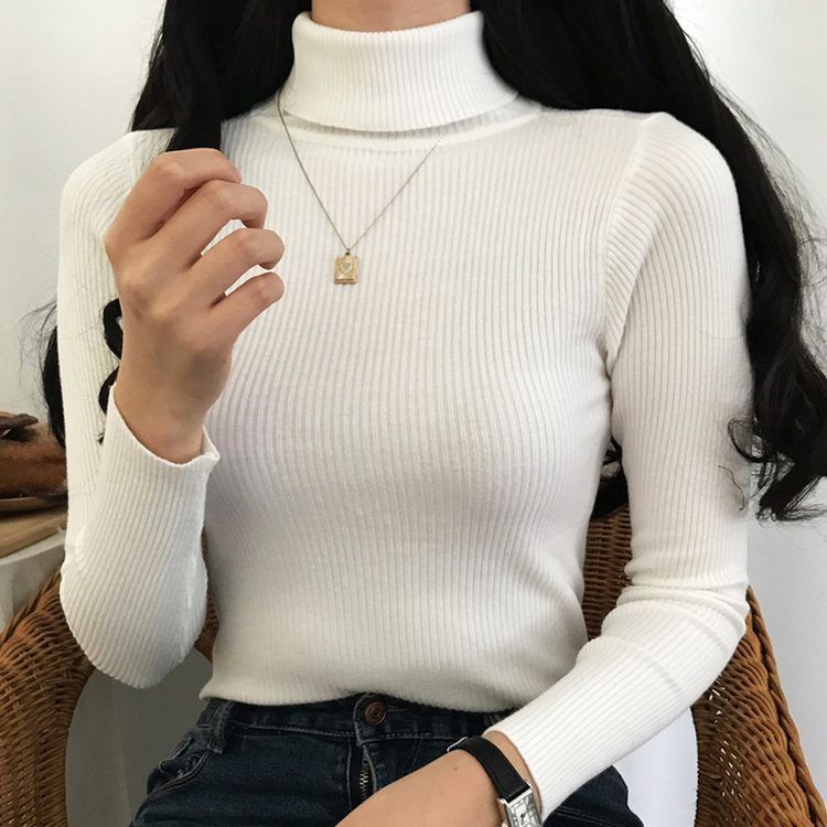페니 쫀쫀한 목 폴라 골지 니트 화이트