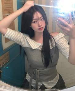 ストライプオフレイヤードシャツブラウス GREY