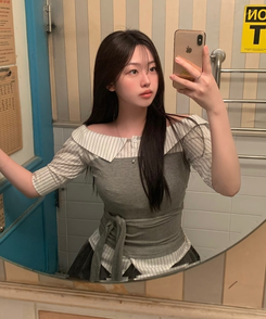 ストライプオフレイヤードシャツブラウス GREY