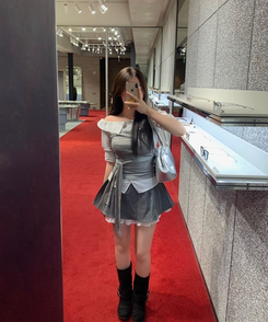 ストライプオフレイヤードシャツブラウス GREY