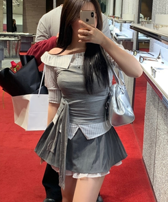 ストライプオフレイヤードシャツブラウス GREY