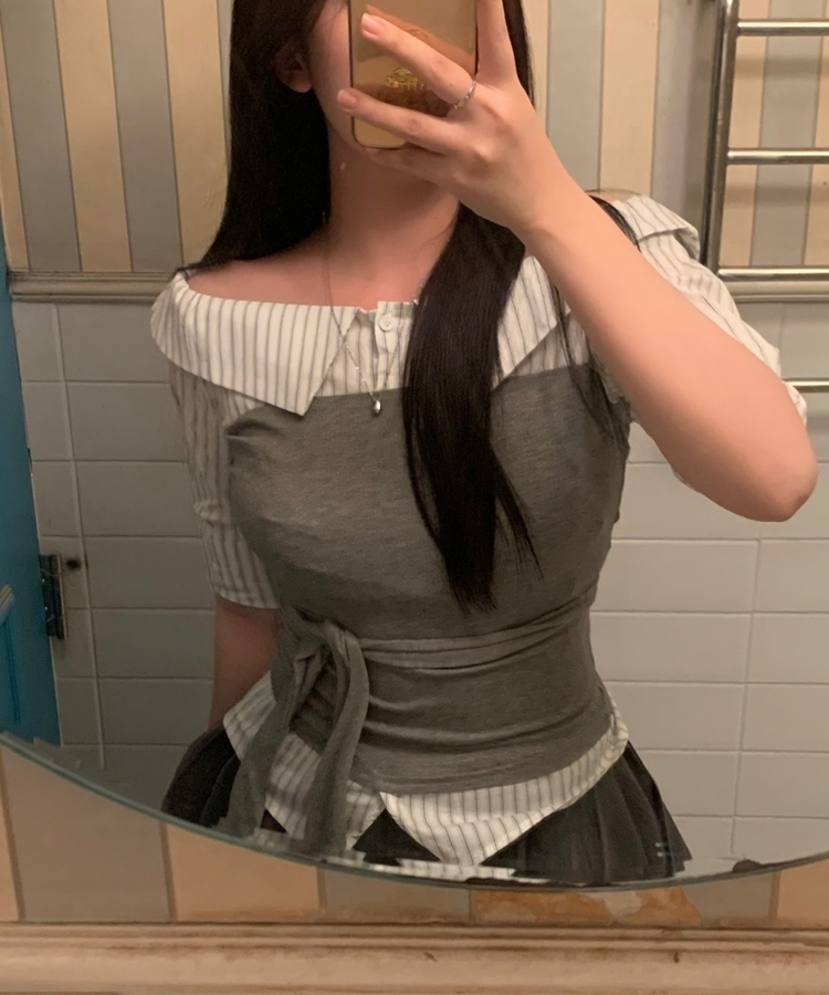 ストライプオフレイヤードシャツブラウス GREY