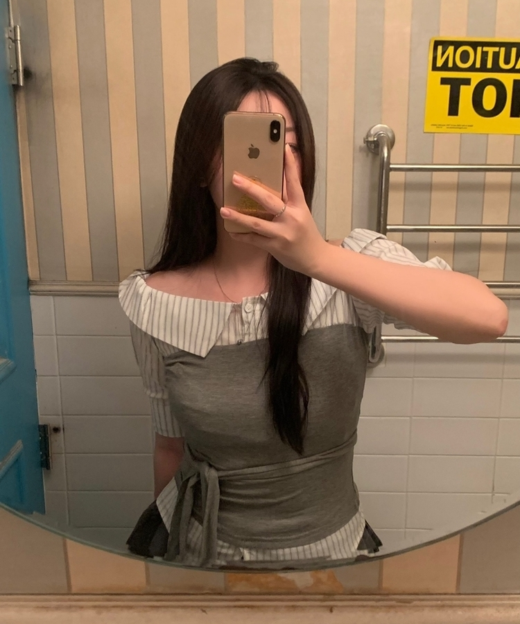 ストライプオフレイヤードシャツブラウス GREY