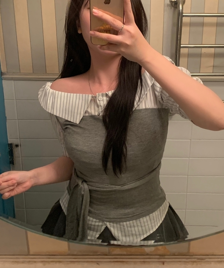 ストライプオフレイヤードシャツブラウス GREY