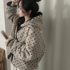 스노우볼 후리스 뽀글이 양털 도트 배색 리버시블 양면 후드 오버핏 패딩 점퍼 베이지
