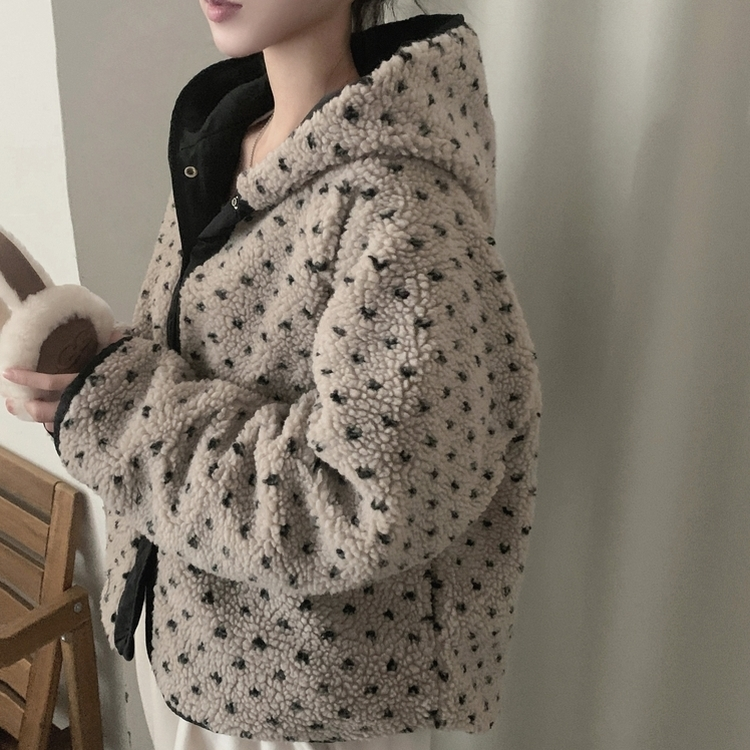 스노우볼 후리스 뽀글이 양털 도트 배색 리버시블 양면 후드 오버핏 패딩 점퍼 베이지