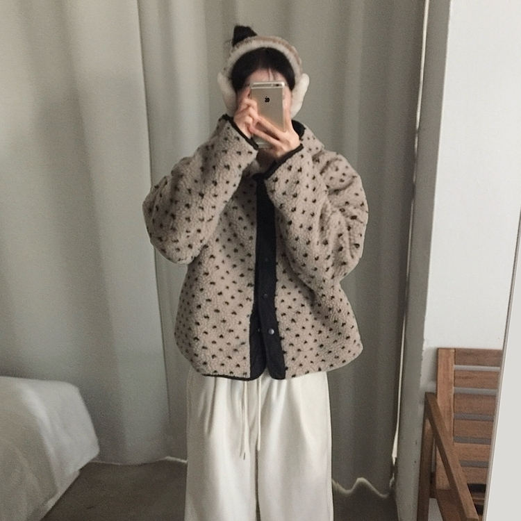 스노우볼 후리스 뽀글이 양털 도트 배색 리버시블 양면 후드 오버핏 패딩 점퍼 베이지