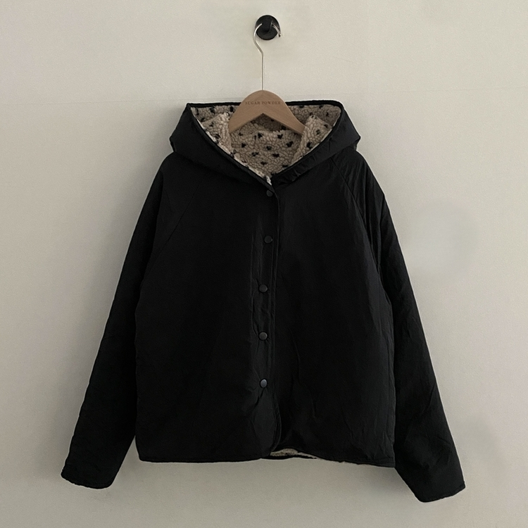 스노우볼 후리스 뽀글이 양털 도트 배색 리버시블 양면 후드 오버핏 패딩 점퍼