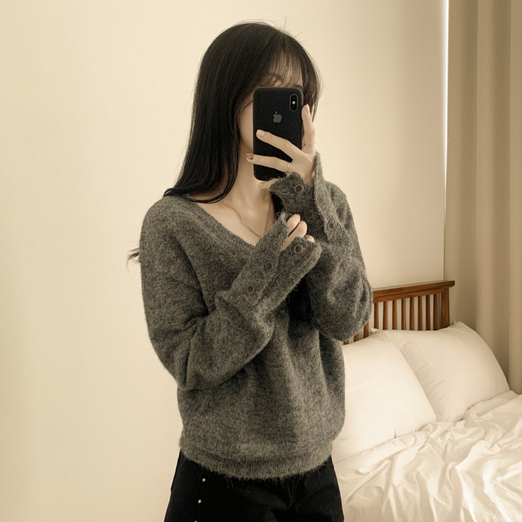 울함유 폭닥 포근 브이넥 소매단추 루즈핏 브이넥 워머 겨울 울니트 그레이