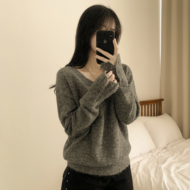 울함유 폭닥 포근 브이넥 소매단추 루즈핏 브이넥 워머 겨울 울니트 그레이