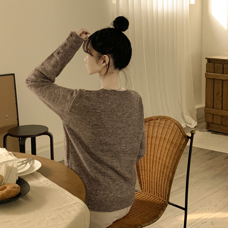 울함유 폭닥 포근 브이넥 소매단추 루즈핏 브이넥 워머 겨울 울니트 브라운